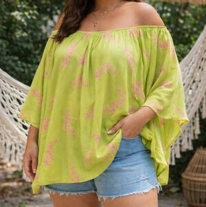 Maggie Walt Lime Green Pink Floral Off-Shoulder Tunic Boho Flowy Blouse Oversize